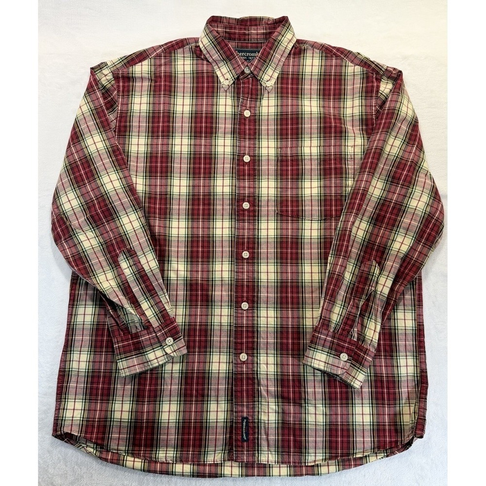 Mens Abercrombie & Fitch Long Sleeve Button Down Shirt XL Red Plaid 100% Cotton